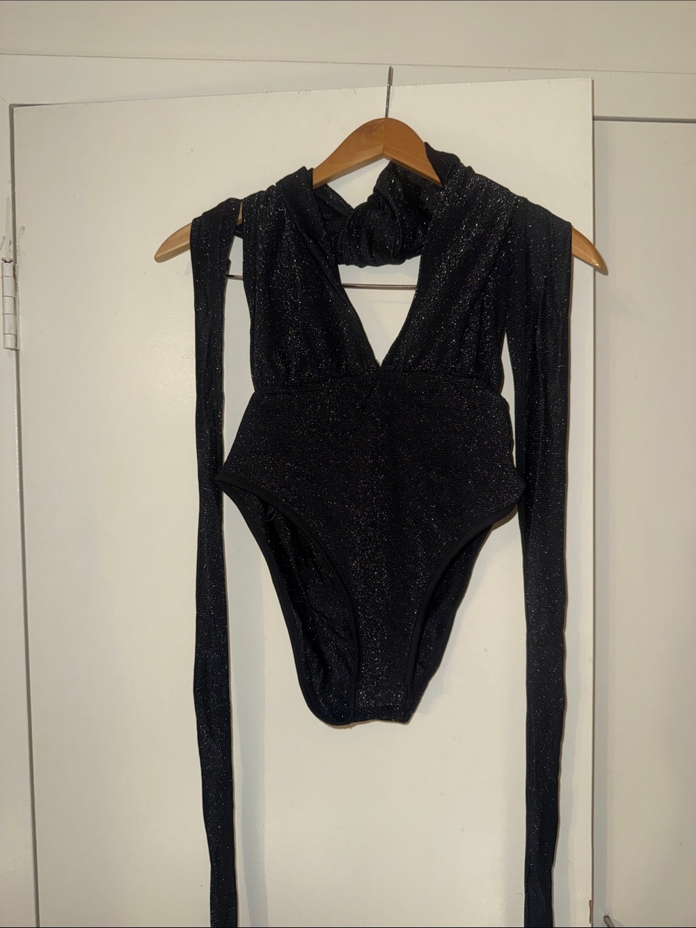 SHEIN Black Sparkle Deep-V Long-Sleeve Bodysuit